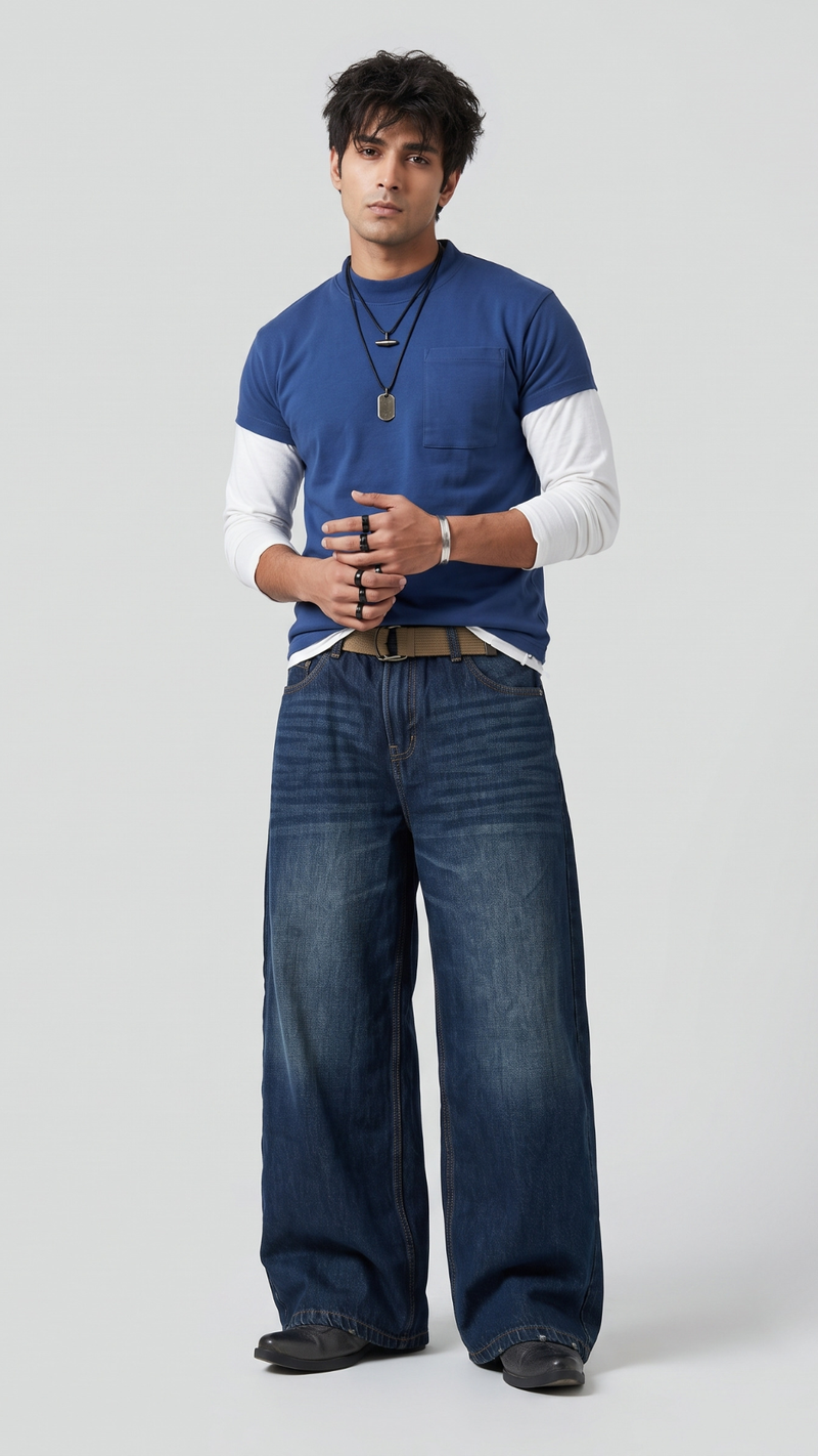 DARK BLUE WASHED-WIDELEG